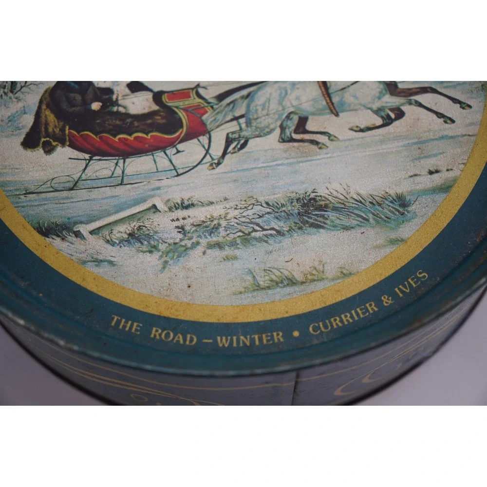 Vtg Currier & Ives Tin The Road Winter Horse Drawn Sleigh Snow Christmas